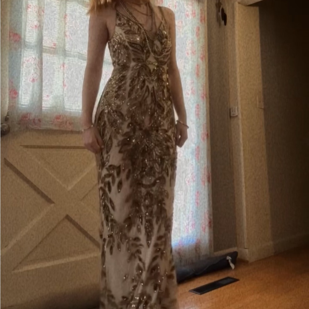 Mac Duggal Gold Beaded V-Neck Maxi Gown